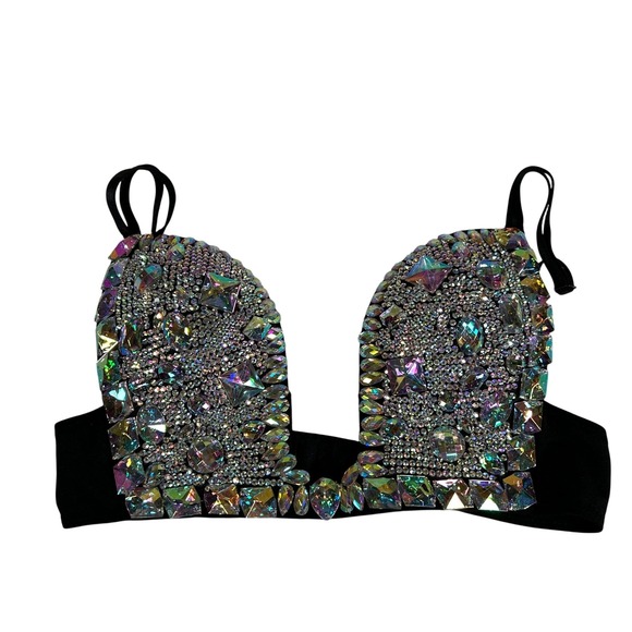 Unbranded Other - Rhinestone Embellished Deep V Plunge Bra Top Black Iridescent Dance Top M/B